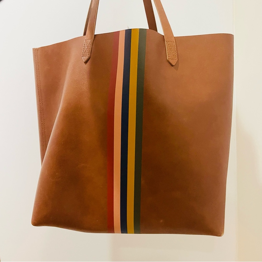 madewell transport tote: rainbow stripe